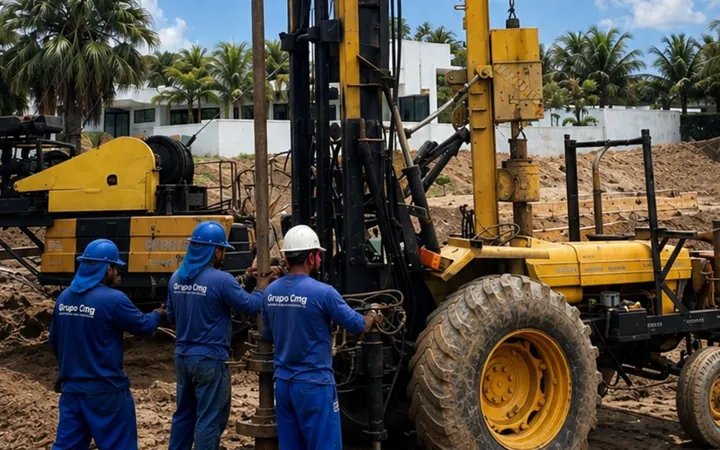 Três profissionais do Grupo CMG operando a perfuratriz na execução de estaca raiz