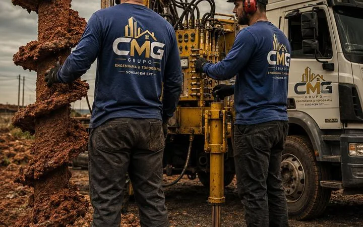 Equipe do Grupo CMG operando perfuratriz de sondagem em obra