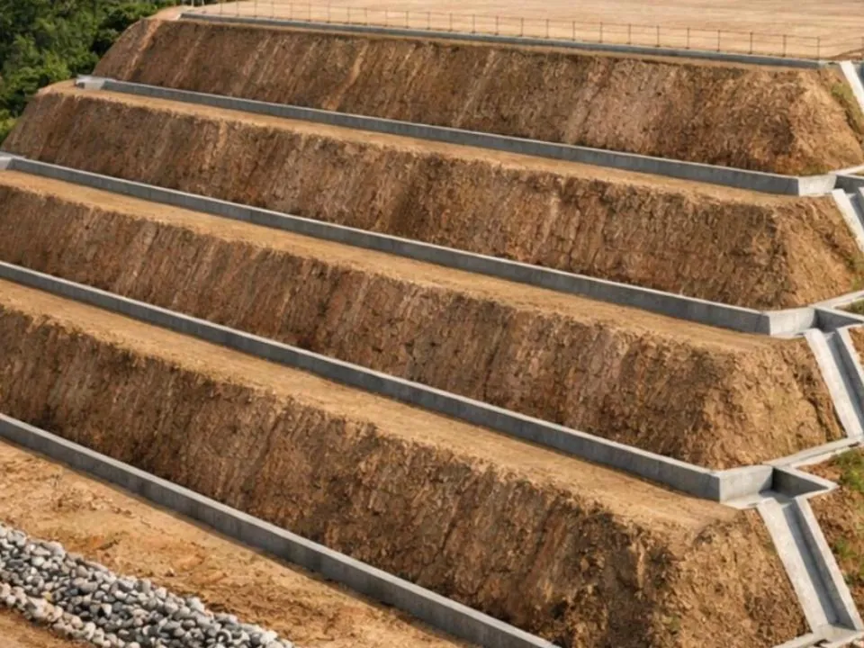 Talude executado em bermas, com canaletas de concreto para drenagem entre os patamares
